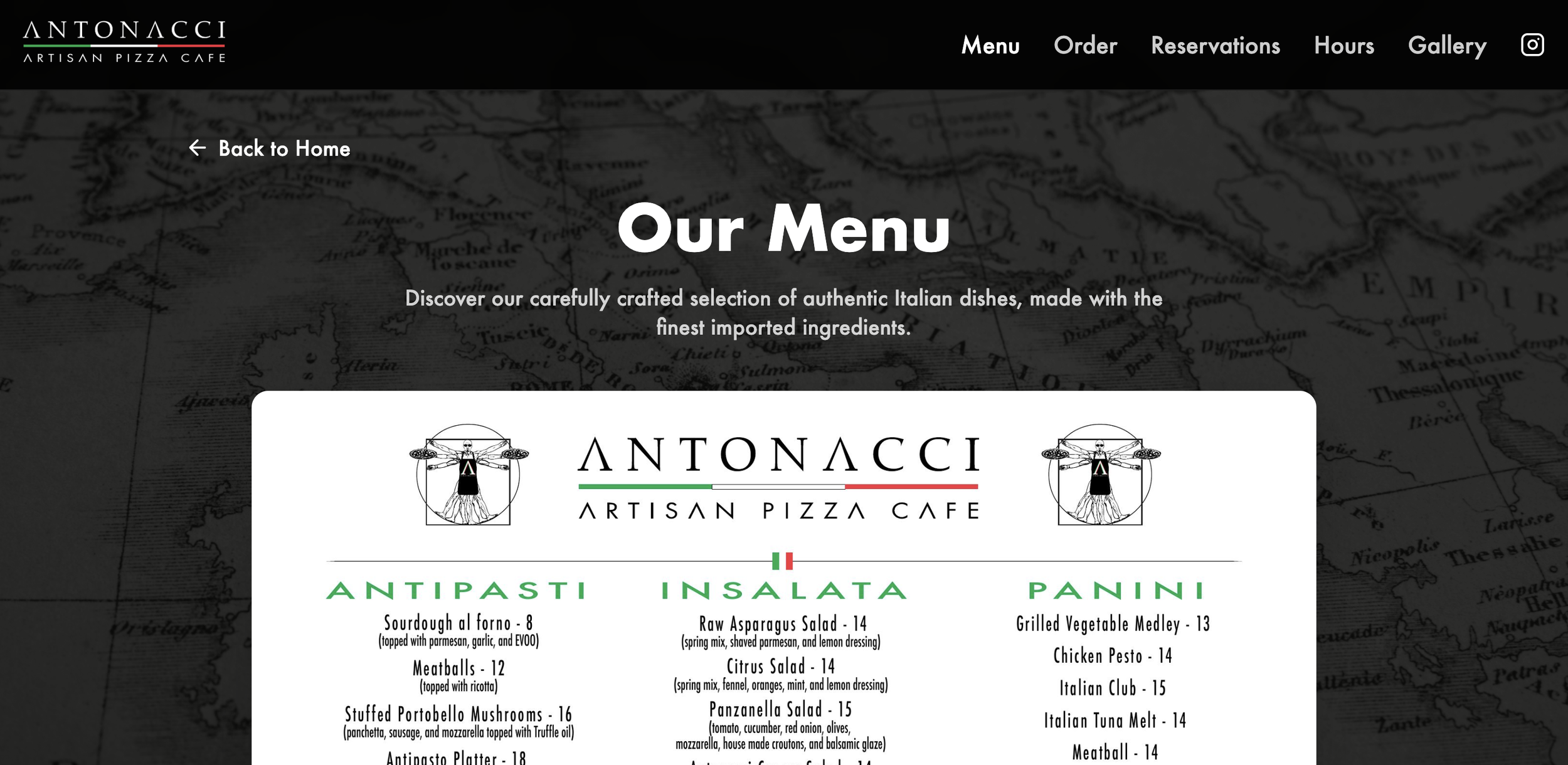Screenshot of a restaurant website menu titled 'Our Menu' for Antonacci Artisan Pizza Cafe with sections for antipasti, insalata, and panini, featuring dishes and prices.