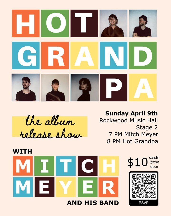 Join us for the release show at @rockwoodmusichall on Sunday April 9th at 7 PM for the Hot Grandpa album release show! Mitch Meyer (@mingman91, @zoosmusica) will be having his debut solo show to get the night started. Hot Grandpa goes on at 8. RSVP w