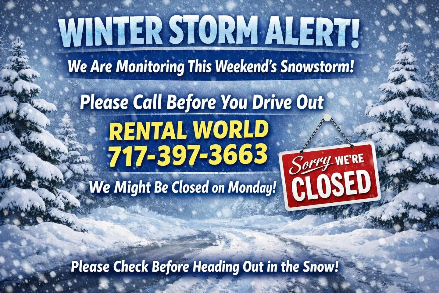 ❄️ Winter Weather Alert ❄️ 
We anticipate we will be closed on Monday January 26th due to this weekends snowstorm. 
.
.
#rentalworldpa #stormmode #partyrentals #equipmentrentals