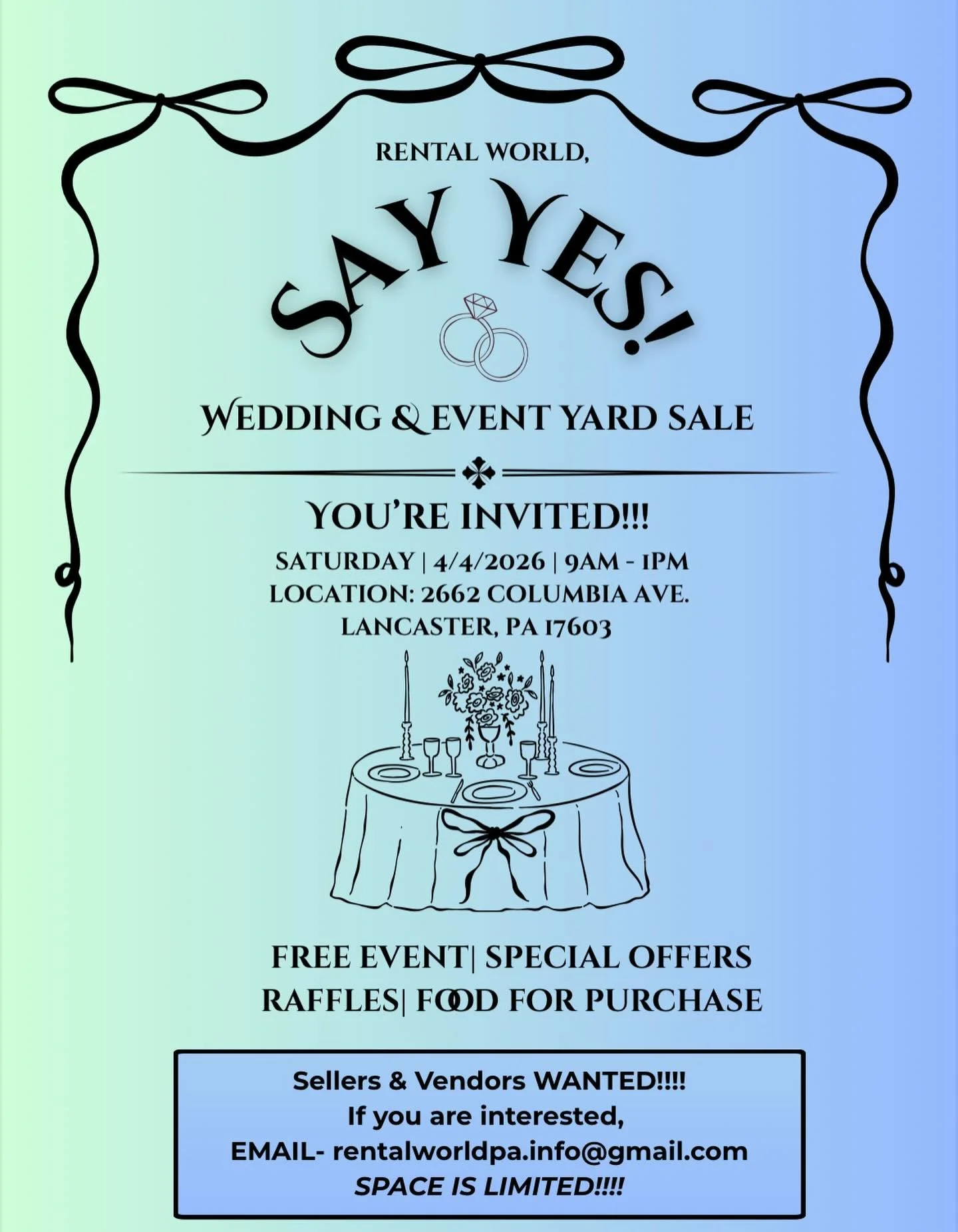 Are you newly married, looking to make some money back or a Vendor looking to make connections with potential leads???? 
!!!!!!!!YOU ARE INVITED!!!!!!!!
.
Join us for our 1st EVER, Say Yes! Wedding &amp; Event Yard Sale! 
.
🗓️Saturday | April 4, 202