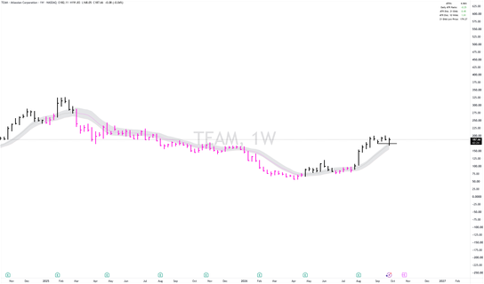 TEAM weekly chart: first pullback to the 10wma-structure and bounce