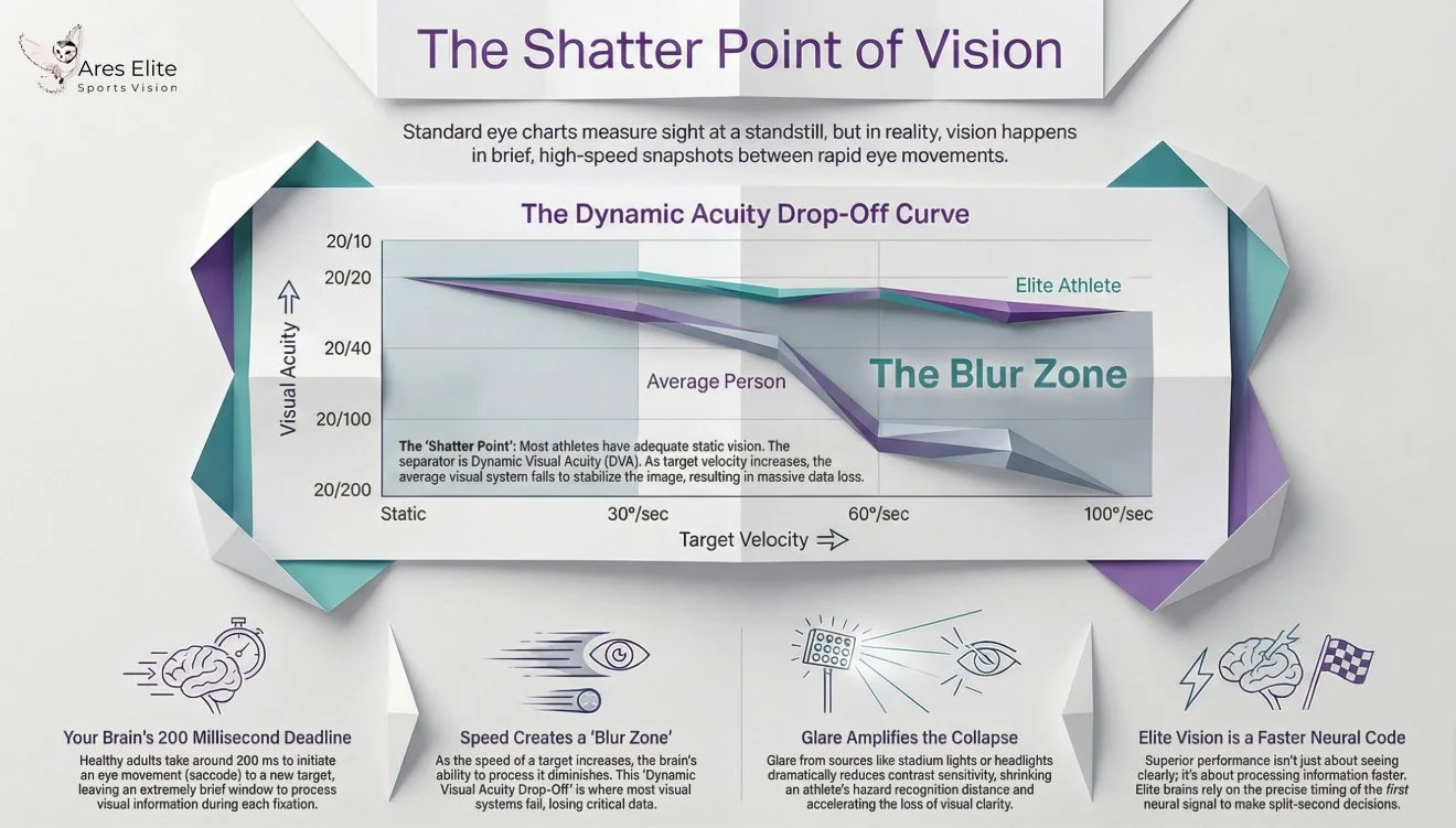 Most athletes do not lose vision because they cannot see clearly.
They lose it when things start moving.

Eye charts measure vision at rest.
Sport happens at speed.

As target velocity increases, the visual system hits a breaking point.
Dynamic visua