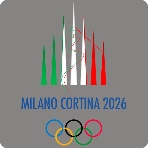 Logo of the 2026 Milan Cortina Winter Olympics featuring stylized ski slopes in green, white, and red, the Italian flag colors, with the text 'Milano Cortina 2026' and the Olympic rings.