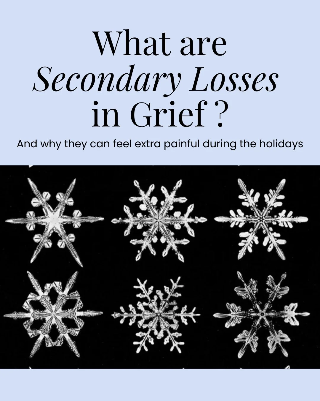 Think of a snowflake&mdash;one center point with countless branches extending outward.⁠
⁠
That's what grief looks like. One loss at the center, but so many secondary losses branching out from it.⁠
⁠
The holidays have a way of highlighting every singl