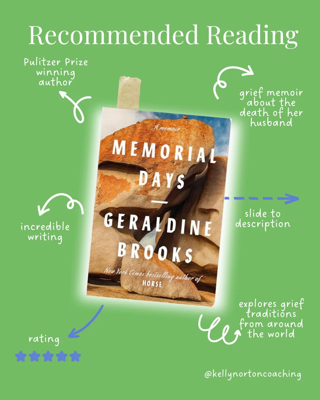 We read to know we are not alone, and that's never more true when we are grieving.⁠
⁠
Today's recommended reading selection is Memorial Days by Geraldine Brooks.⁠
⁠
This is an incredibly written memoir about Geraldine Brooks' experience losing her he