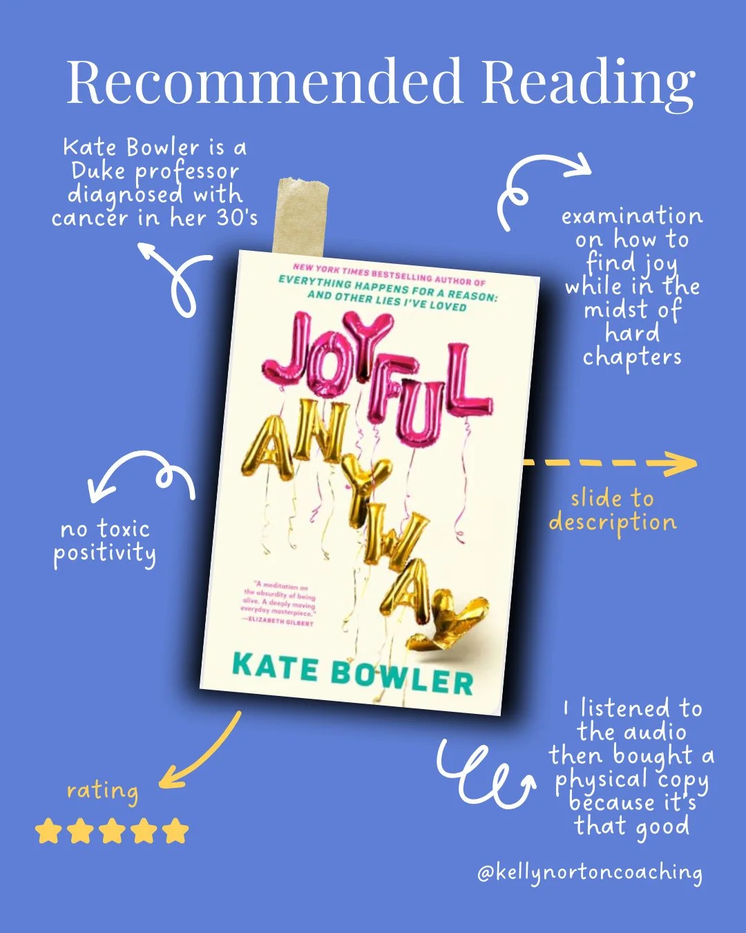 I absolutely loved Kate Bowler's new book Joyful Anyway, and so it had to have a permanent place here on the feed.⁠
⁠
Without even a hint of toxic positivity, Kate Bowler dives into joy, what it is, why we need it, and how to find it, even when you a