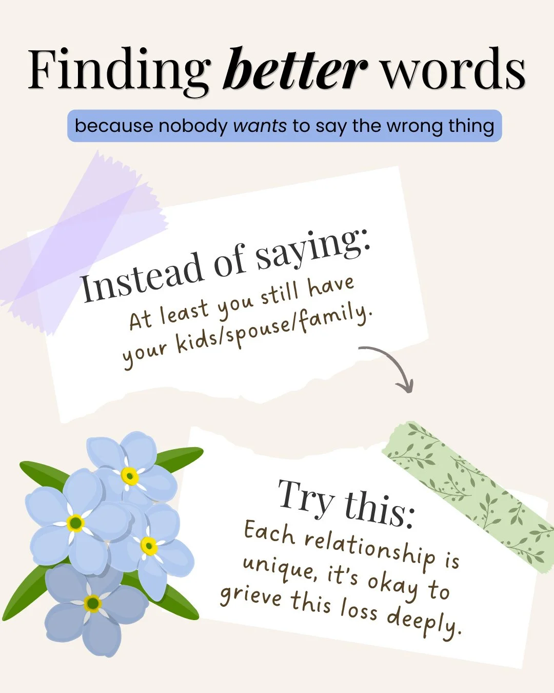 Our words matter when we are supporting people we care about who are grieving. I truly believe that most people don't want to say the wrong thing, but we aren't sure what the right words might look like, and this is my series to try to help us find b