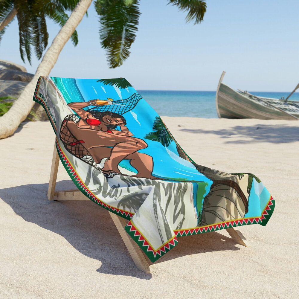 Beach towel draped over a chair featuring a bikini girl relaxing on a beach in Isla Mujeres Mexico