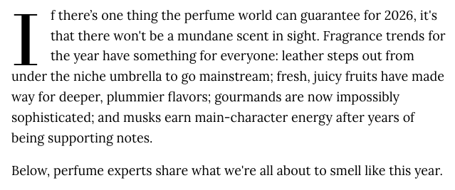 Excerpt from a magazine or article discussing fragrance trends for 2026, mentioning leather, fresh fruits, gourmands, and musk notes.