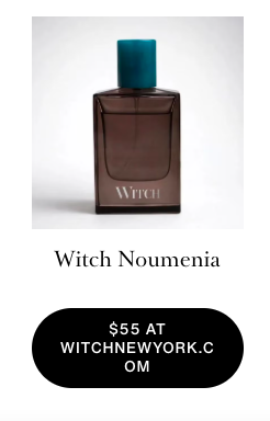A bottle of Witch Noumenia perfume with a dark glass body and blue cap, placed against a white background.