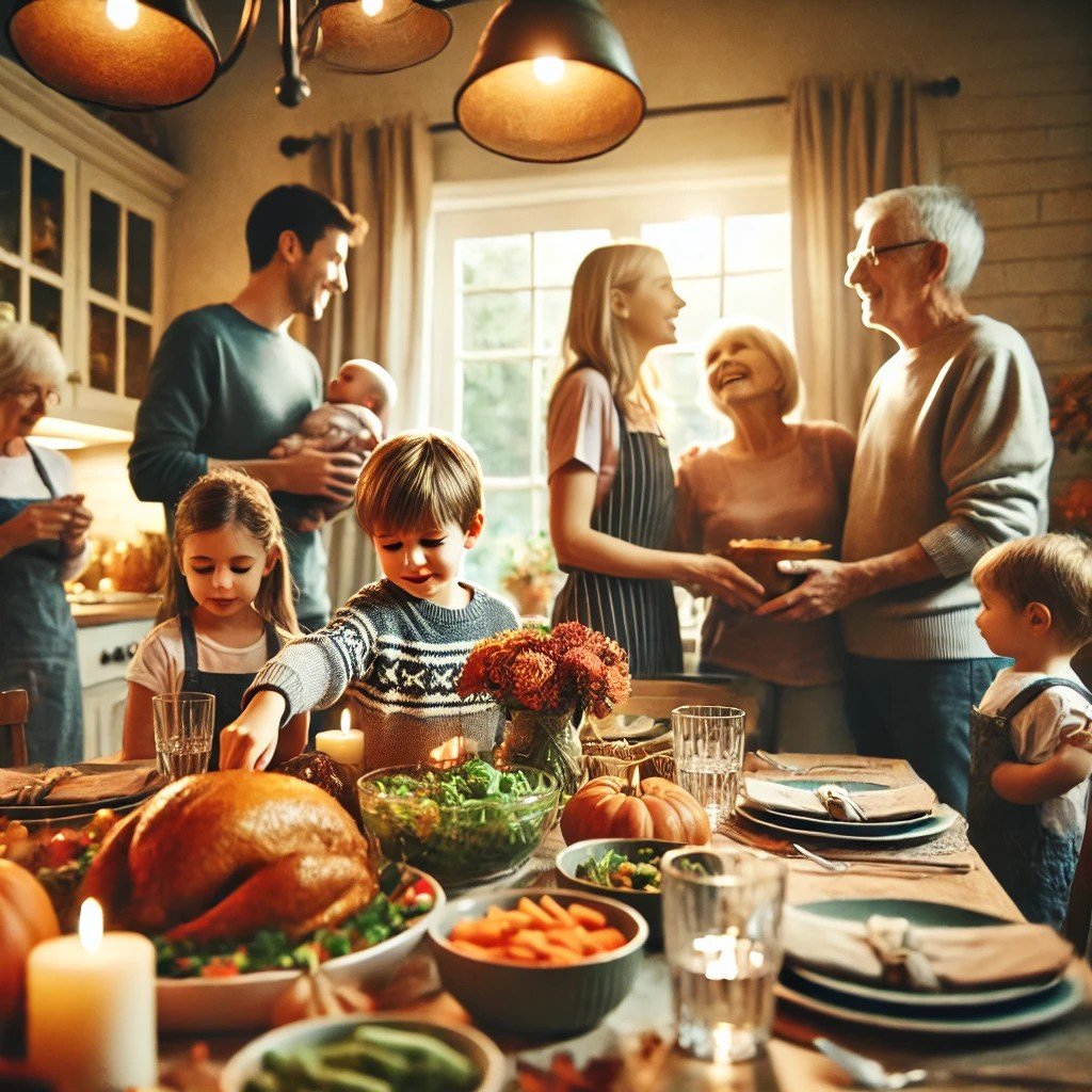 DALL·E 2024-11-21 11.42.03 - A candid and heartwarming Thanksgiving scene captured from a slight distance, showing a multi-generational family in a cozy, warmly lit home. The focu.jpeg