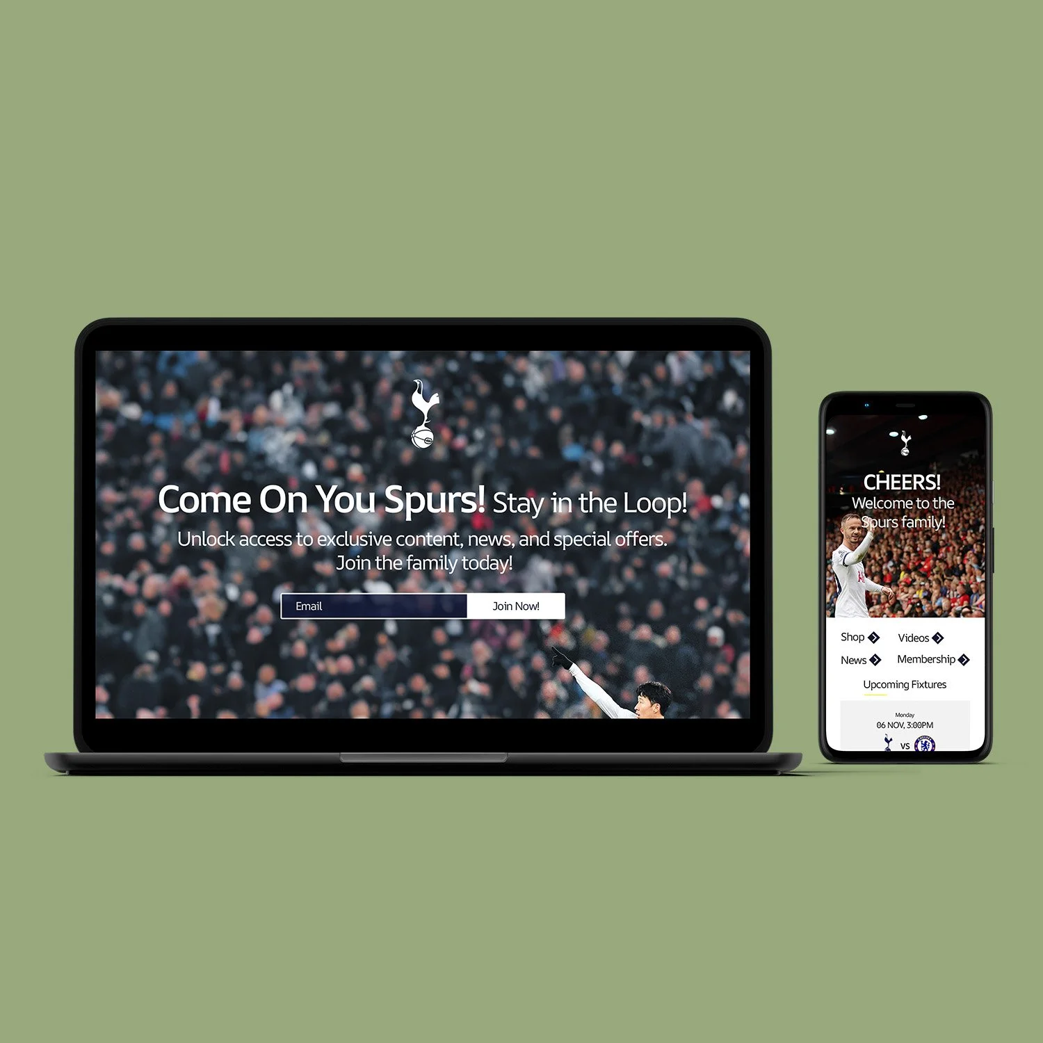 A laptop and a smartphone displaying Tottenham Hotspur fan websites with a football stadium background and crowd images.