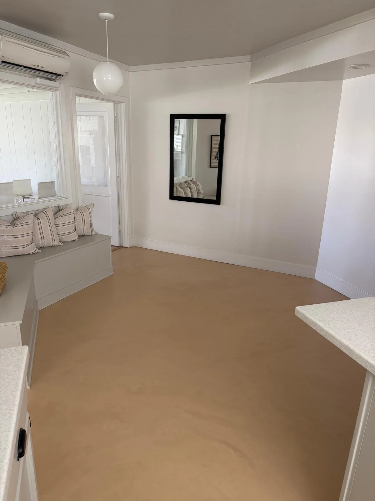 Flooring done over existing tile.