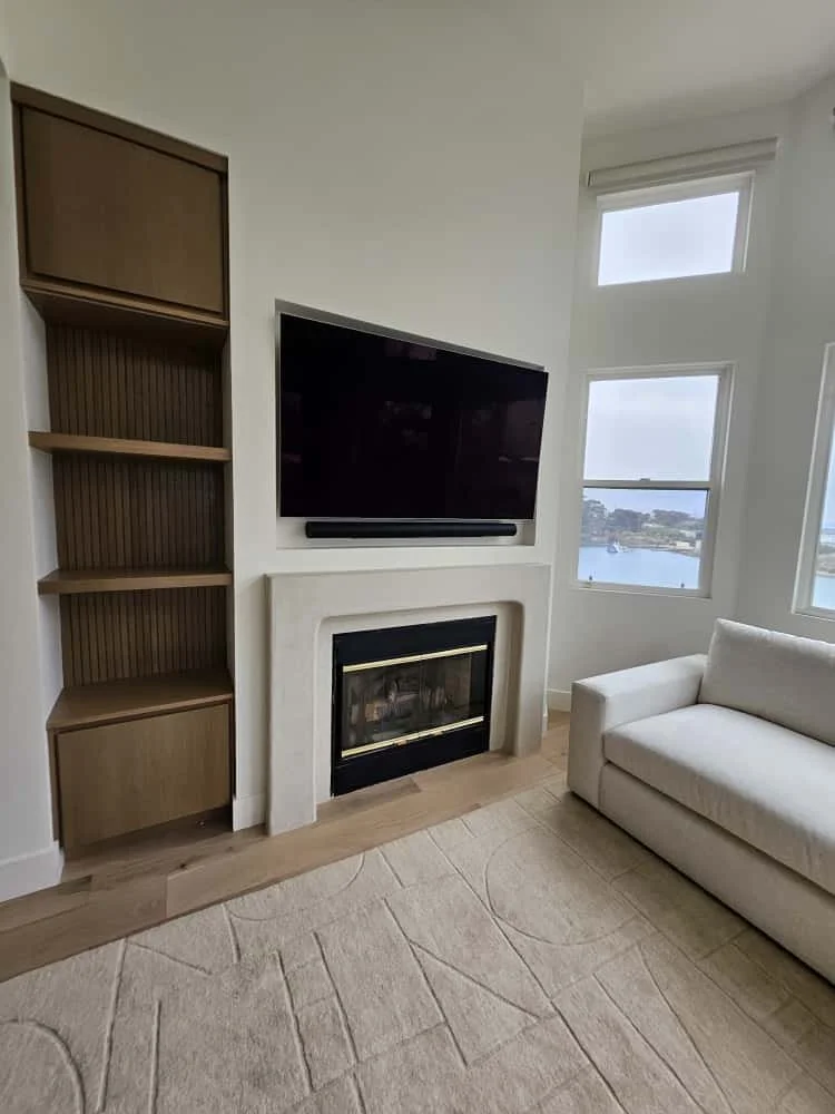 Fireplace coated in micro cement.