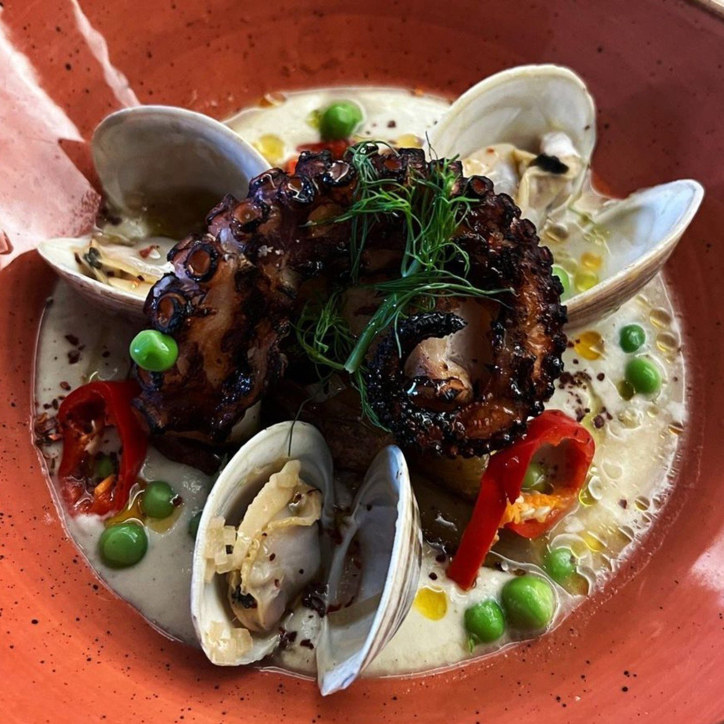 We're over raindrops on roses (or on anything else for that matter). These are a few of our favorite things: Grilled octopus, clams, fingerling potatoes, English peas, red fresno peppers, and fennel seafood crema at Viale in Cambridge.⁠
⁠
⁠
#octopus 