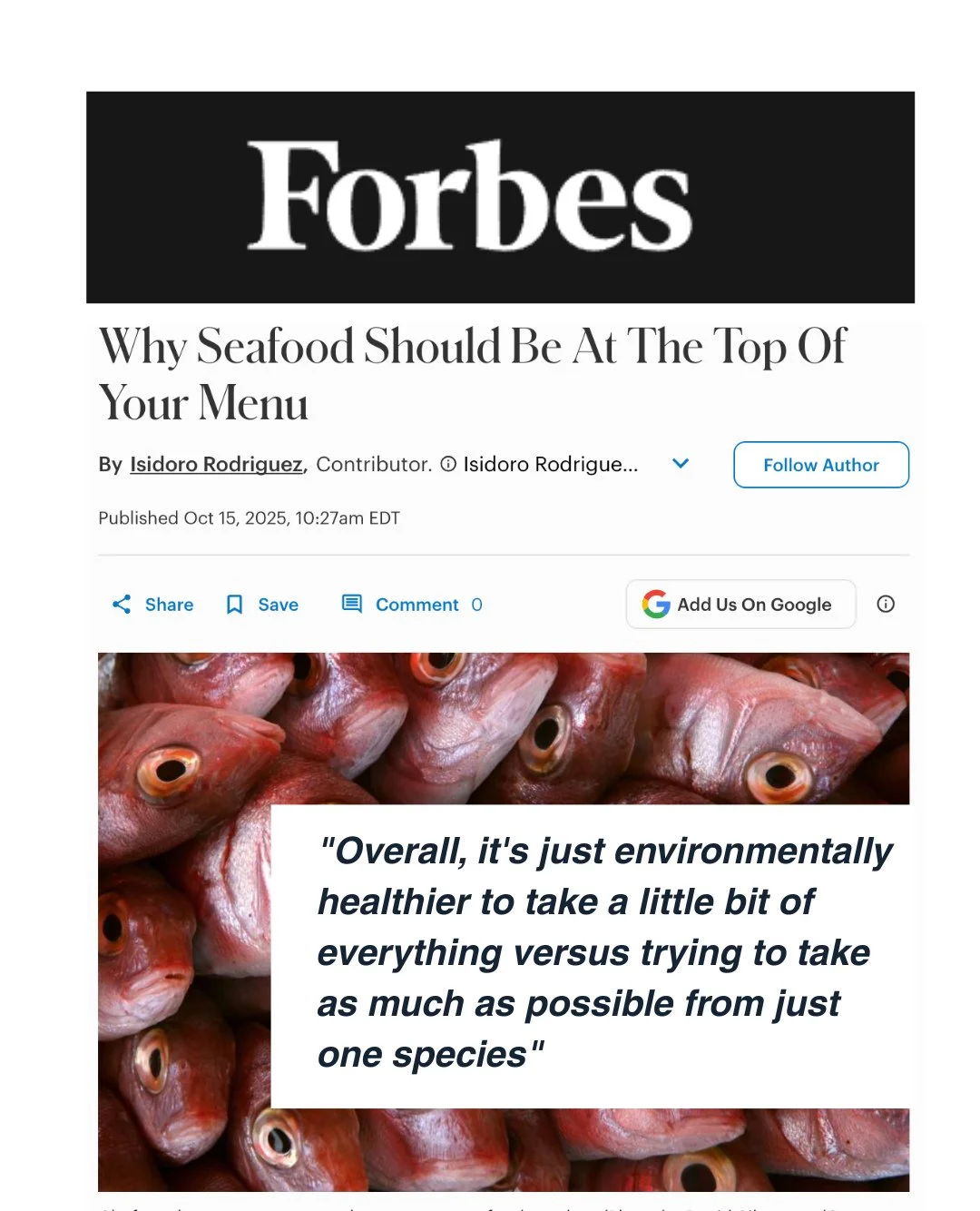 Wulf's was featured in Forbes in an article on why we all should be eating more seafood.
In short, the best thing for the environment and our budgets is to 1) eat a diversity of species and not just the most popular (and expensive) ones and 2) use