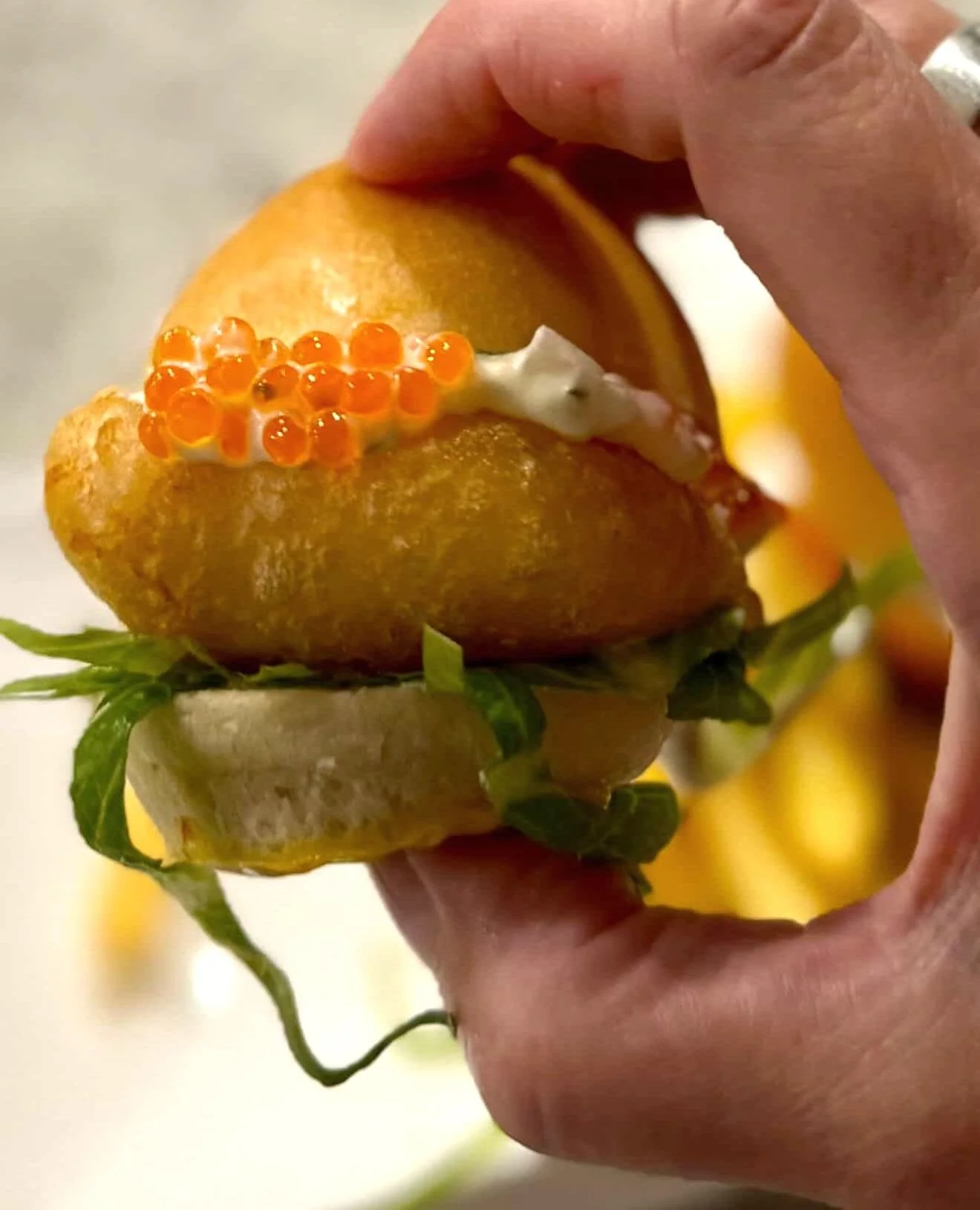 We love to see what you're cooking at home. Check out these fancy mini fish sandwiches from Linda Louise Lyle in Midland, Texas &mdash; tempura-battered cod cheeks with cr&egrave;me fraiche, dill tartar sauce and trout roe on sour dough buns. ⁠
⁠
Did