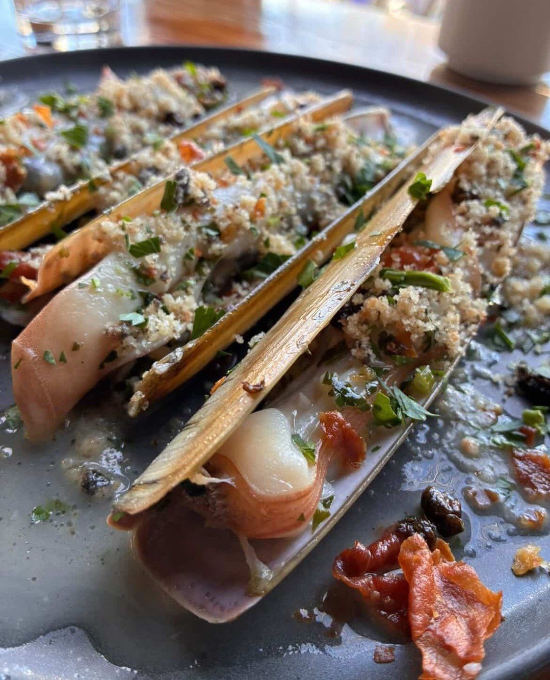 Razor clams &ldquo;casino&rdquo; from Chef Samuel Day at Season To Taste in Cambridge. Crispy smoked @bentonsbacon ham, black garlic panko, fried capers, herbed burred blanc.⁠ On the menu this week. 
⁠
#bostonchefs #wulfsfish #newfisholdschool