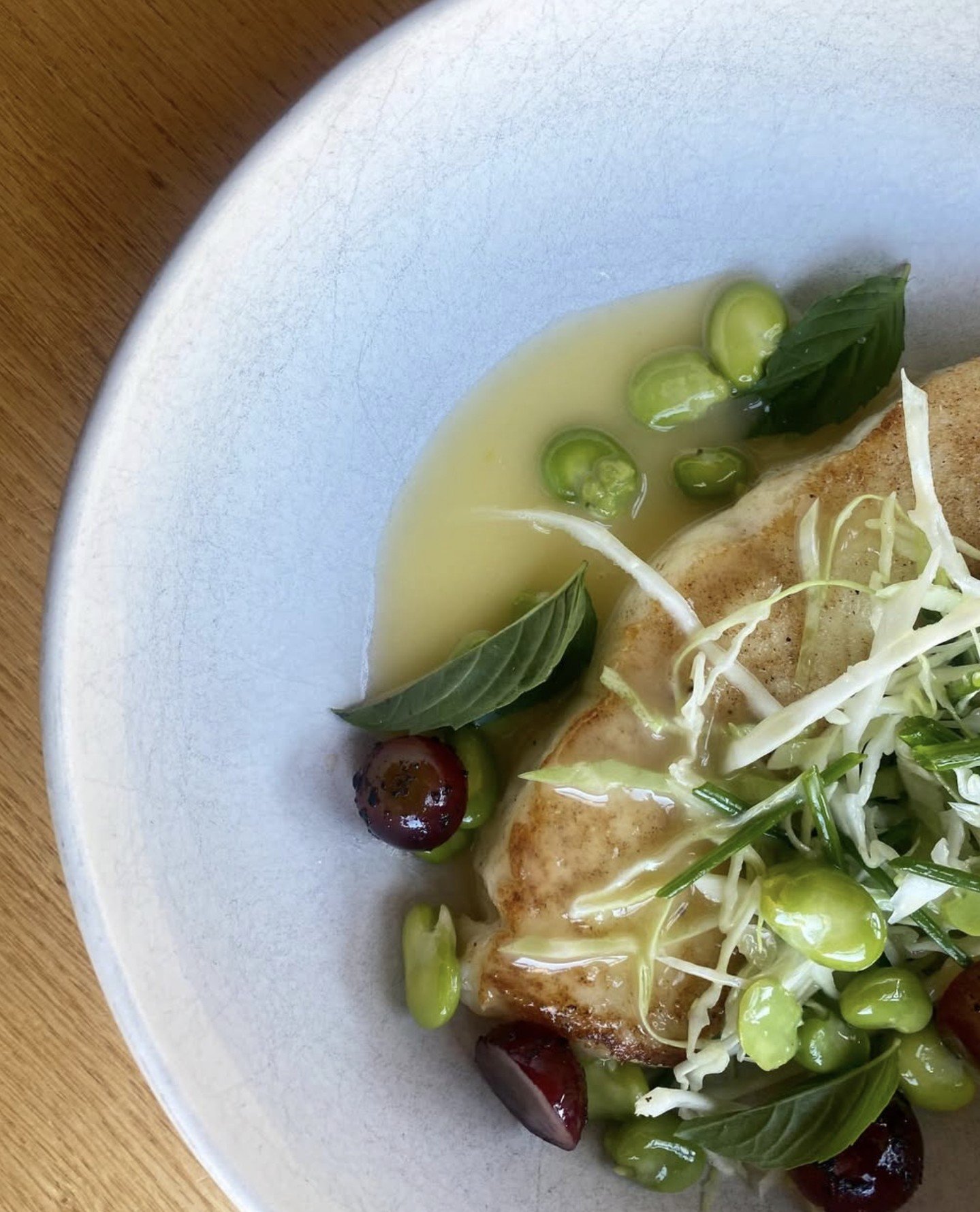 Halibut, cabbage, Urfa grapes, verjus, favas from Chef Gabe at Gray's Hall.⁠
⁠
A perfect dish for these days that look like spring but feel like winter.
