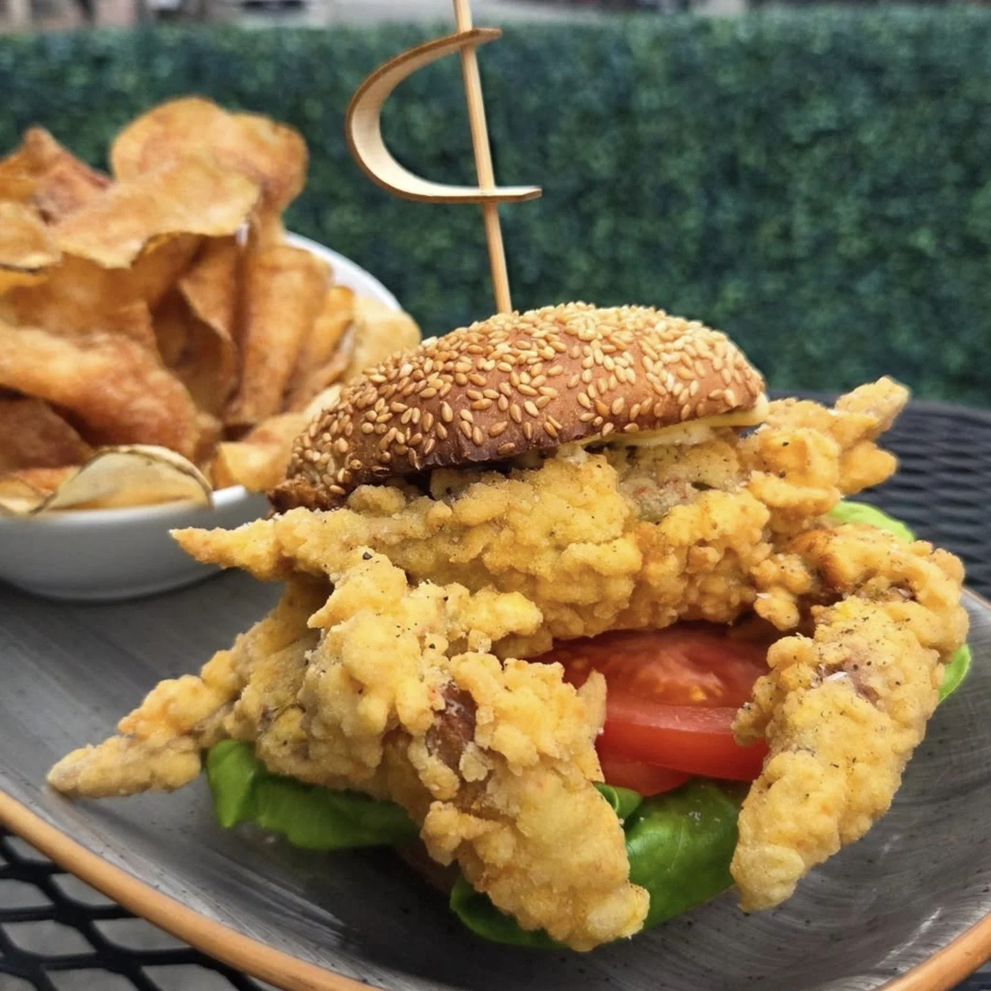 Love a sandwich with legs. It's soft shell crab season, and they're popping up on menus all over town, like this sandwich at Troquet on South by Chef Aaron Lhamon.⁠
⁠
Fried soft shell crab, pickled ramp aioli, sesame bun, house-made potato chips.⁠