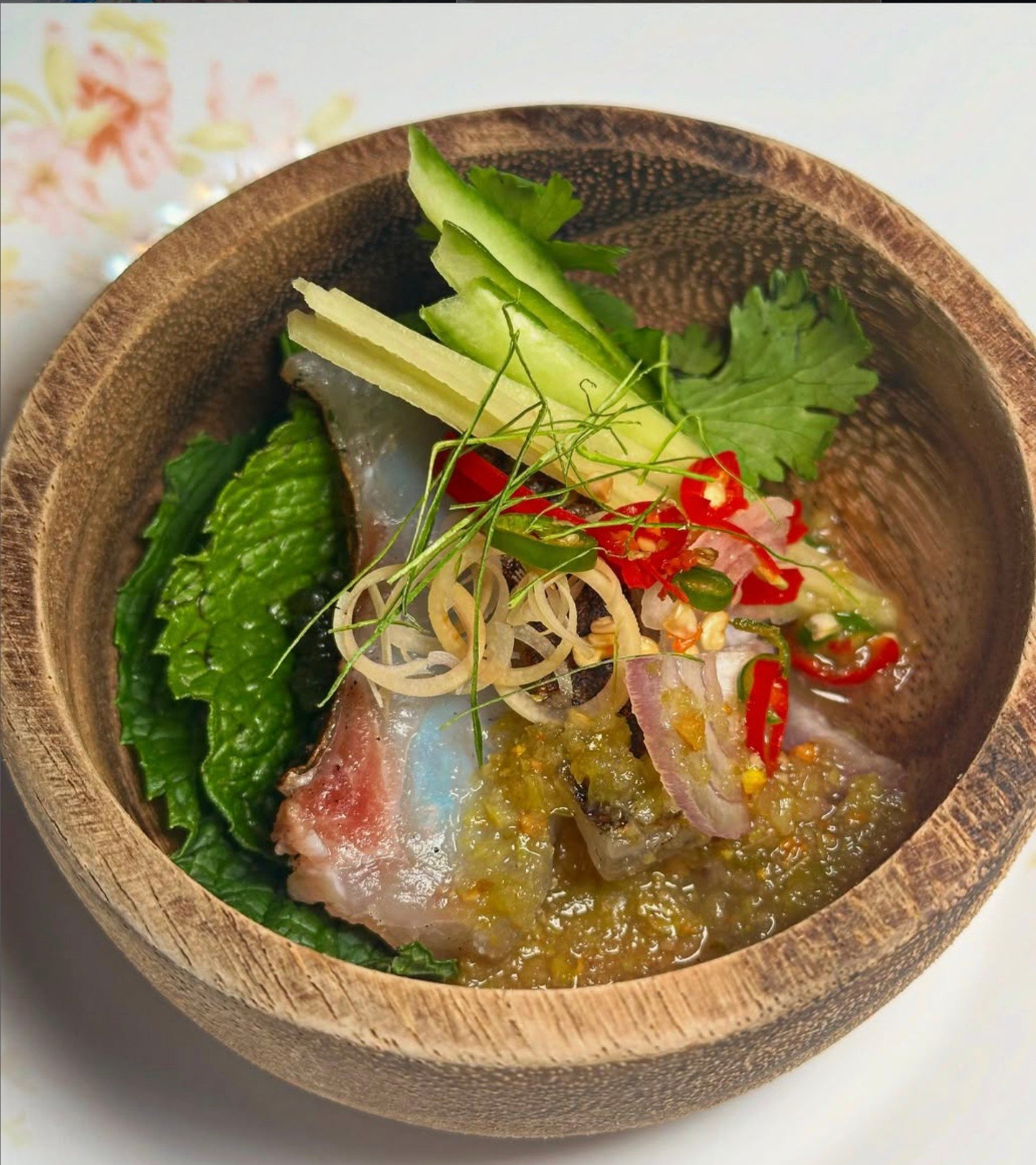 Kombu cured Madai, ume kosho sauce, grape seaweed, Thai herbs from Thai Supper Club Gaaeng.⁠
⁠
⁠
📷 : @catzhxng