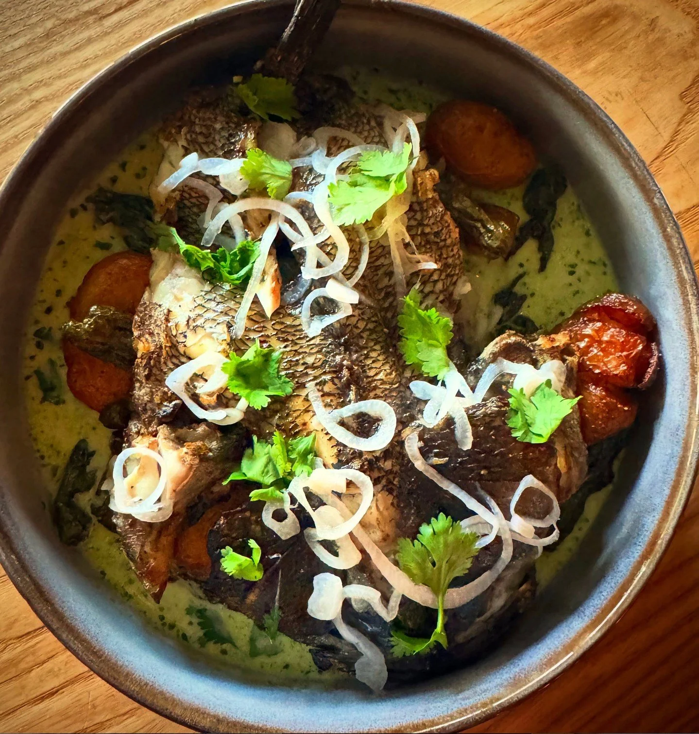 Whole black sea bass, smoked potatoes, grilled shishitos, cilantro &amp; jalape&ntilde;o salsa at Althea in Cambridge. ⁠
⁠
With the MA season going strong, this is a great time to enjoy one of our favorite local fish.