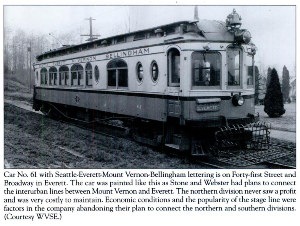  Photo of the Seattle-Everett Interurban streetcar, which ran operated on Colby Ave from Pacific Ave to  43rd St SE, and then proceeded south along the alignment of what is now the Interurban Trail (which follows a Snohomish PUD and Seattle City Ligh