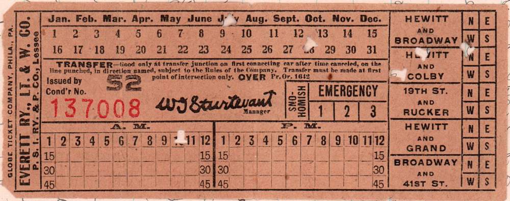  Ticket to ride a Everett Railway Light &amp; Water Co. streetcar on July 28, 1910 from Doris Bell’s diary.  On this day, she road the streetcar to her home at 2130 Rucker Ave.  The ticket is now in the collection of Neil Anderson, a nephew of Doris 