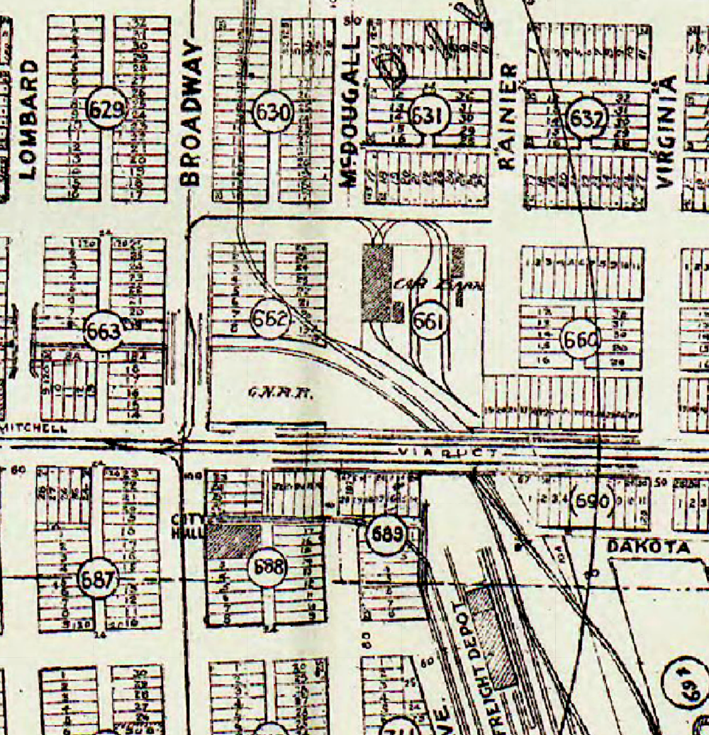  Maps from 1910 to 1927 show the main streetcar barn of the Puget Sound Traction, Light, &amp; Water Co., located where the Snohomish PUD’s headquarters is today.  This map is the 1915 map by the Everett Improvement Co.   Click here to view the maps.