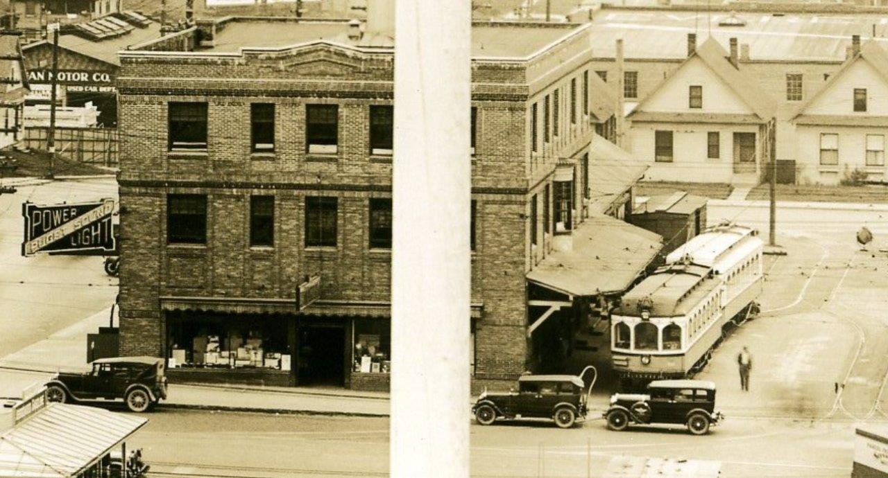  Interurban Station, terminus of the Seattle-Everett Interurban Railway, located at Colby Ave &amp; Pacific Ave.  Photo from 1930. 