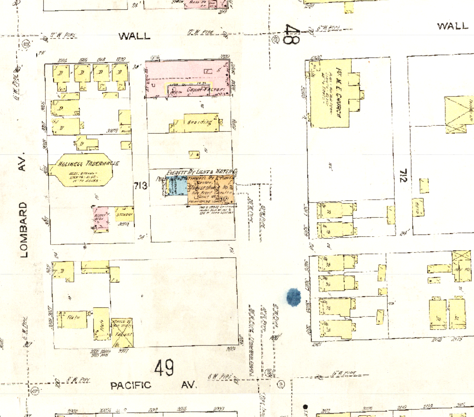  The 1914 Sanborn map shows the building of the Everett Railway, Light, and Water Company on Broadway between Wall St and Pacific Ave. 