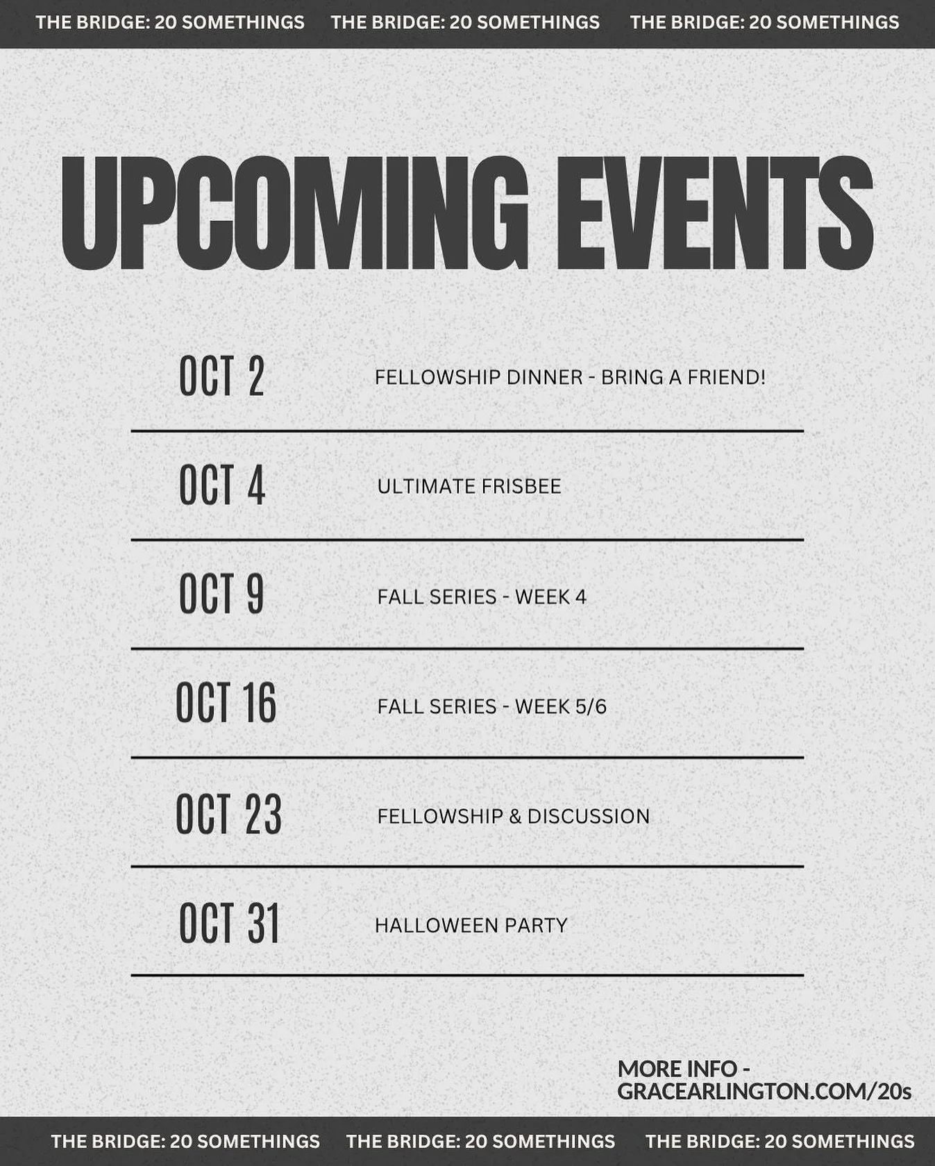 🌟OCTOBER SCHEDULE🌟
Join us this month at The Bridge! We have lots of fun things planned to finish out the month!!
We’re all about good food, good convos, and growing in faith together!📖
“For where two or three gather in my name, ther