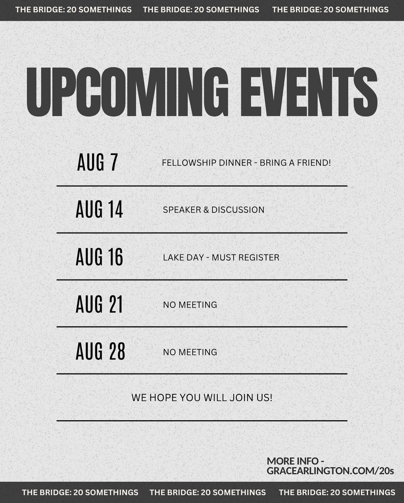 Mark your calendar!! Here are the upcoming events for August! We hope that you will be able to join us!🌟
“Our hope for you is unshaken, for we know that as you share in our sufferings, you will also share in our comfort.”
2 Corinthian