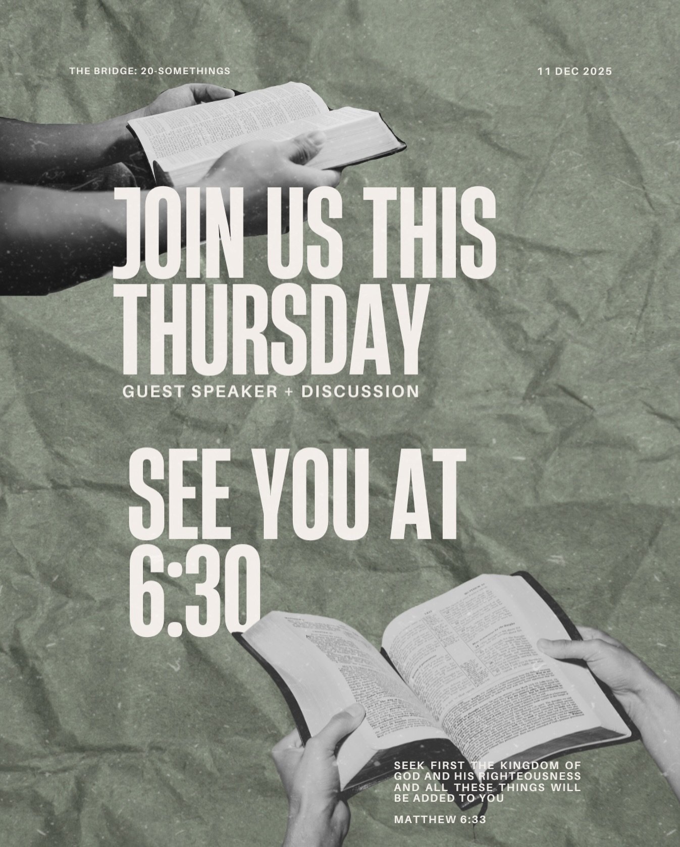 JOIN US THIS WEEK! 
This week we have one of our elders coming to share with the group! We hope that you will come and be encouraged when you hear how God has greatly worked in his life!

Come be a part of our group and learn more about how God is mo
