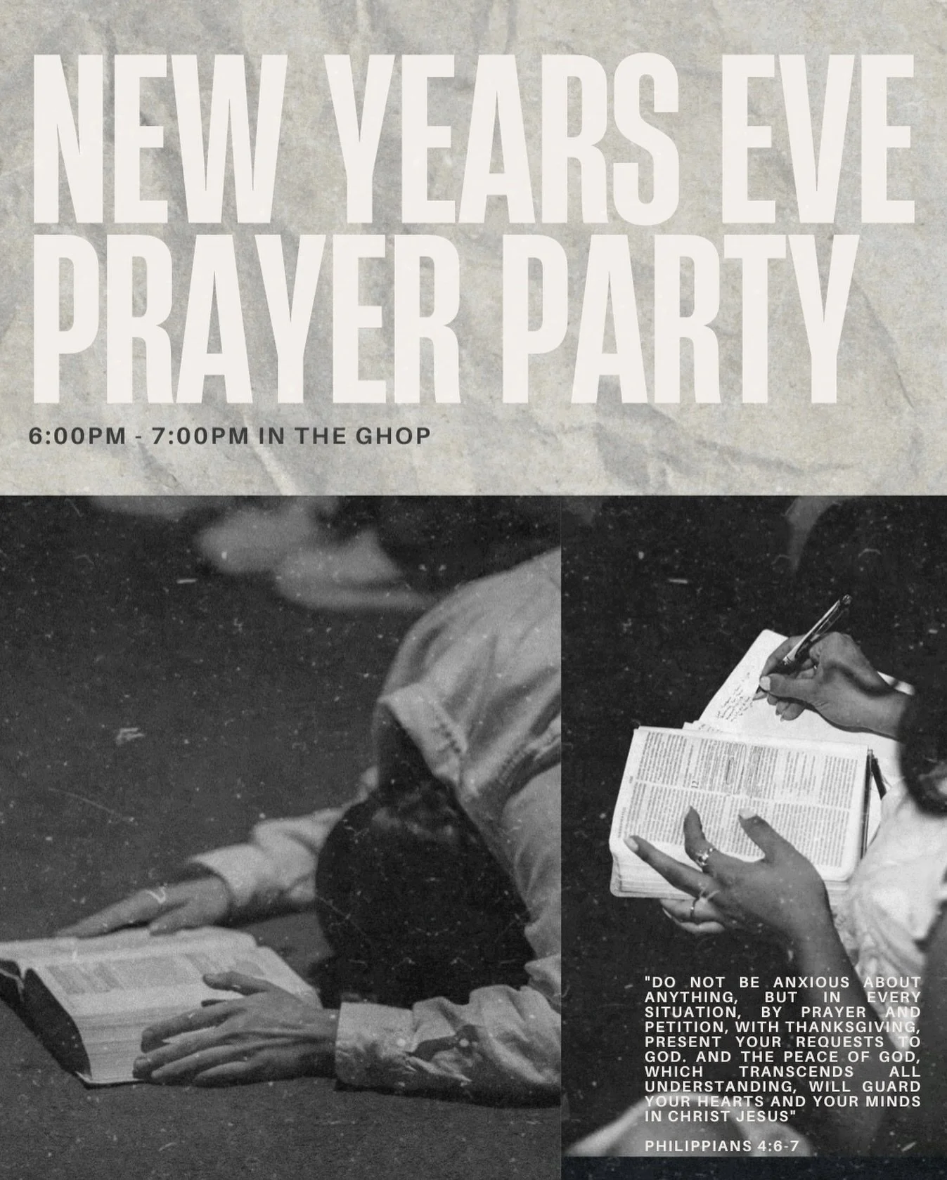 Join us WEDNESDAY NIGHT from 6:00pm-7:00pm for a time of Worship &amp; Prayer in the GHOP (Grace House of Prayer)

At Grace Community Church - 801 W Bardin Rd. Arlington, Tx 

Let&rsquo;s start the New Year making God a PRIORITY in our lives. Come sp