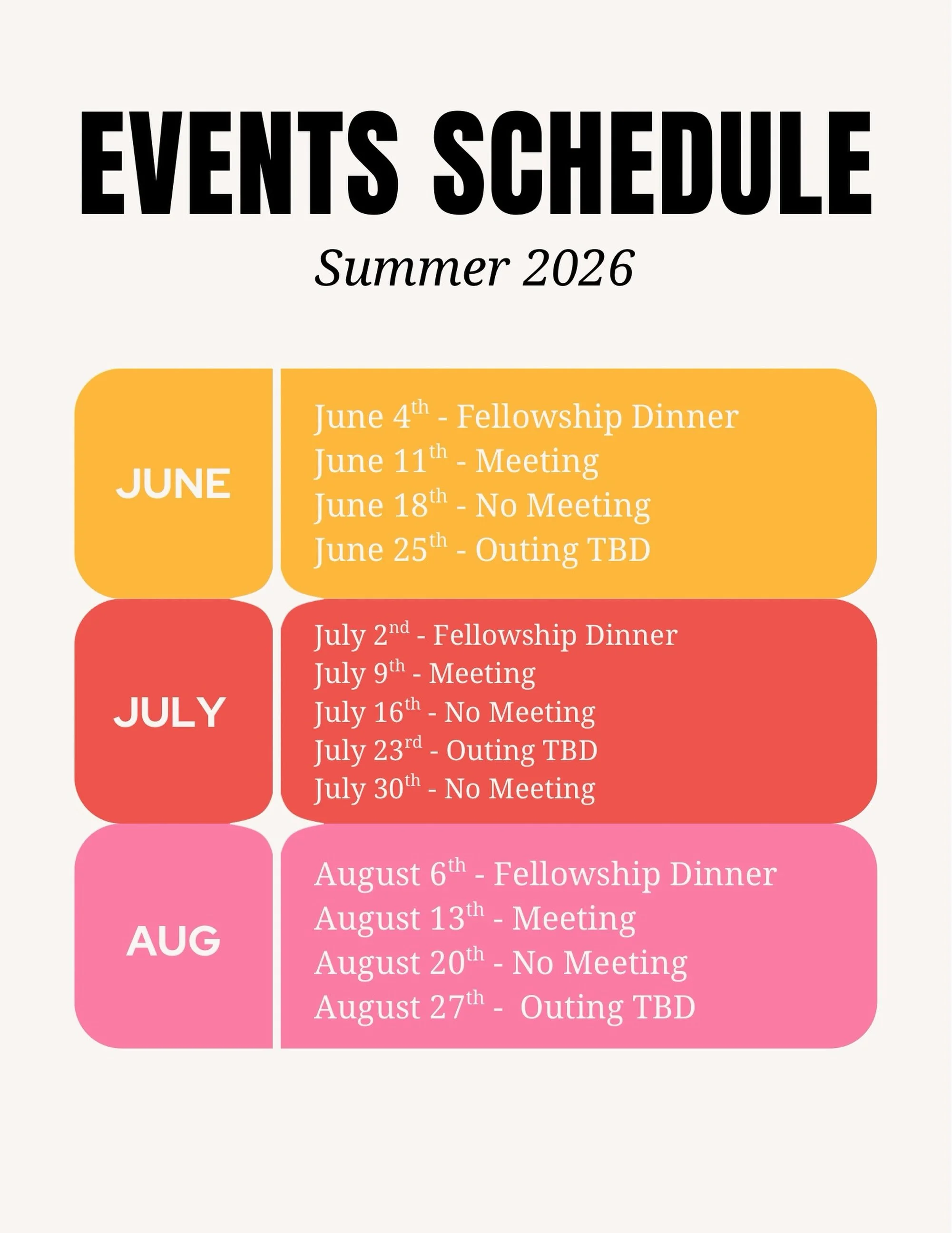 ☀️SUMMER SCHEDULE☀️

Come join us this summer for some fun nights! Keep an eye out for posts with info about special events coming up!!

#gracearlington #20somethings #youngadults #summerevents #joinus
