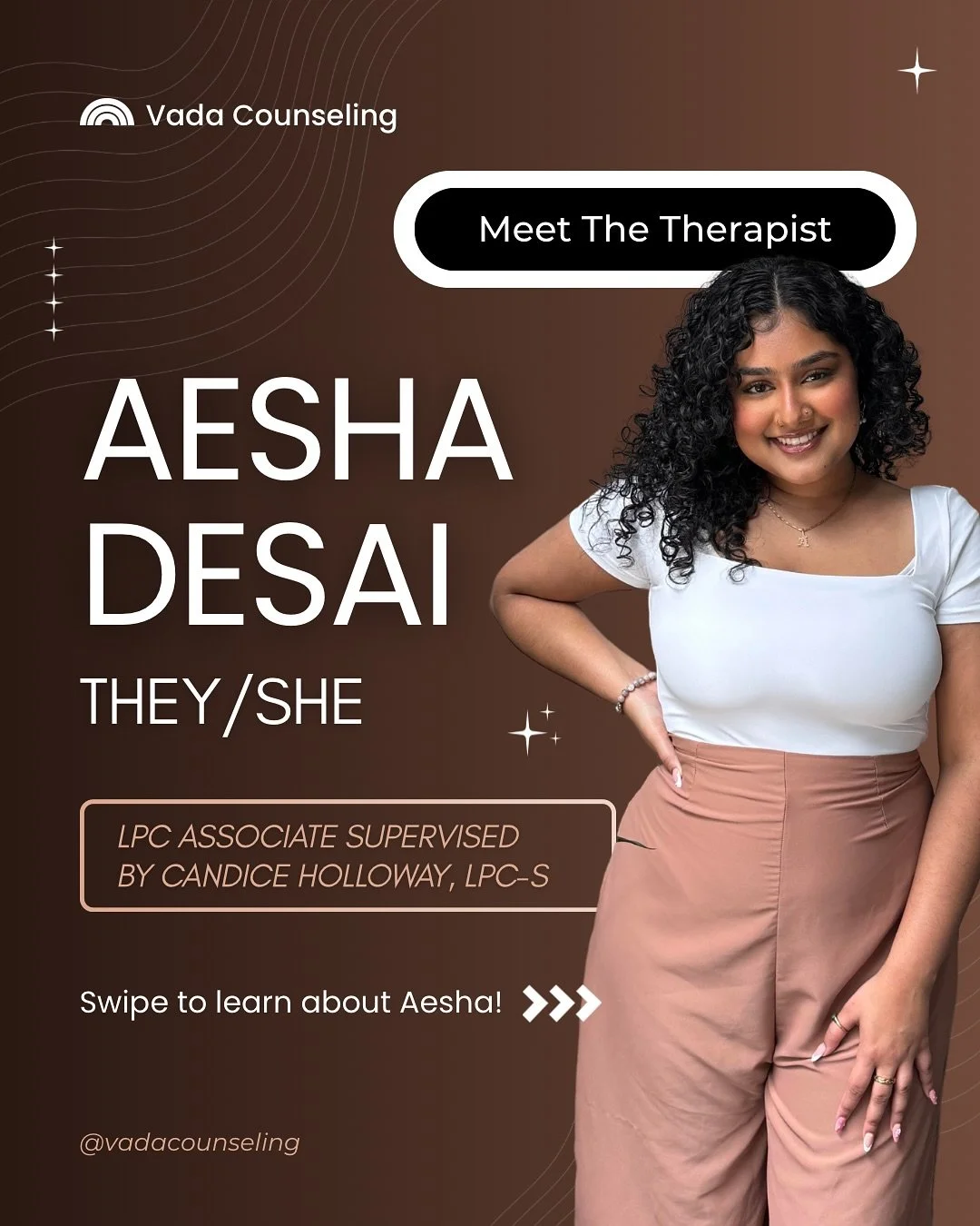 Say hi to Aesha, one of our newest therapists at Vada! (Spoiler: you're gonna ❤️ them)

They're queer (obvi), compassionate, and ready to help you untangle the mess and celebrate the growth! ✨

Aesha provides virtual therapy to adults with #trauma, #
