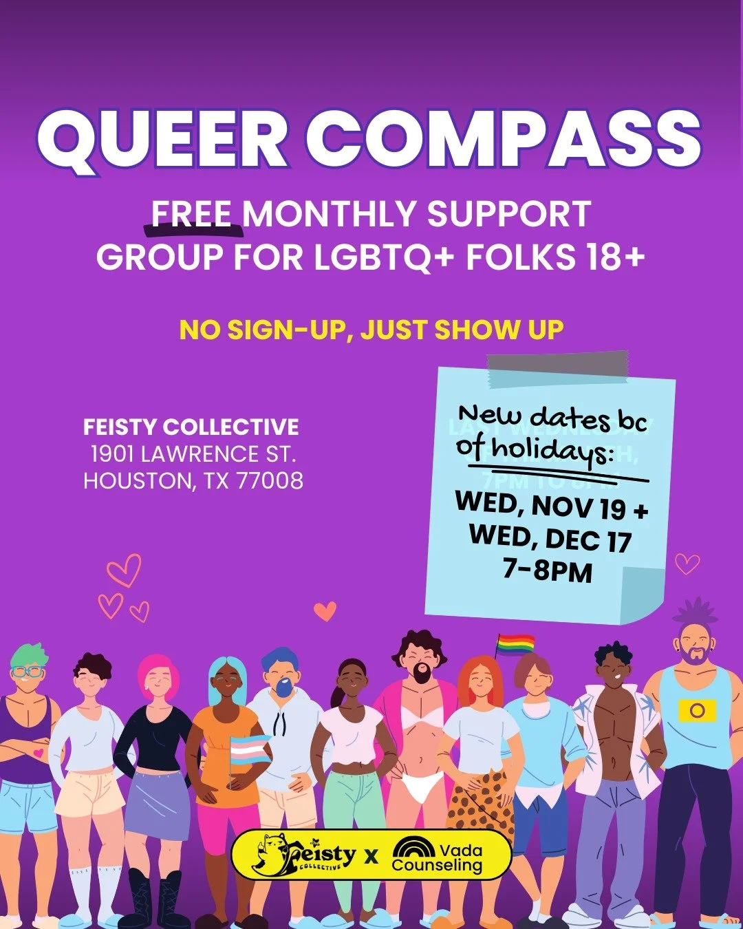 📣 UPDATE: Queer Compass group dates for November + December!

Because of the holidays, we&rsquo;re shifting our group dates--Join us on Nov 19 and Dec 17 (both Wednesdays) for our ✨ monthly free support group ✨ for LGBTQ+ adults!

Same affirming spa