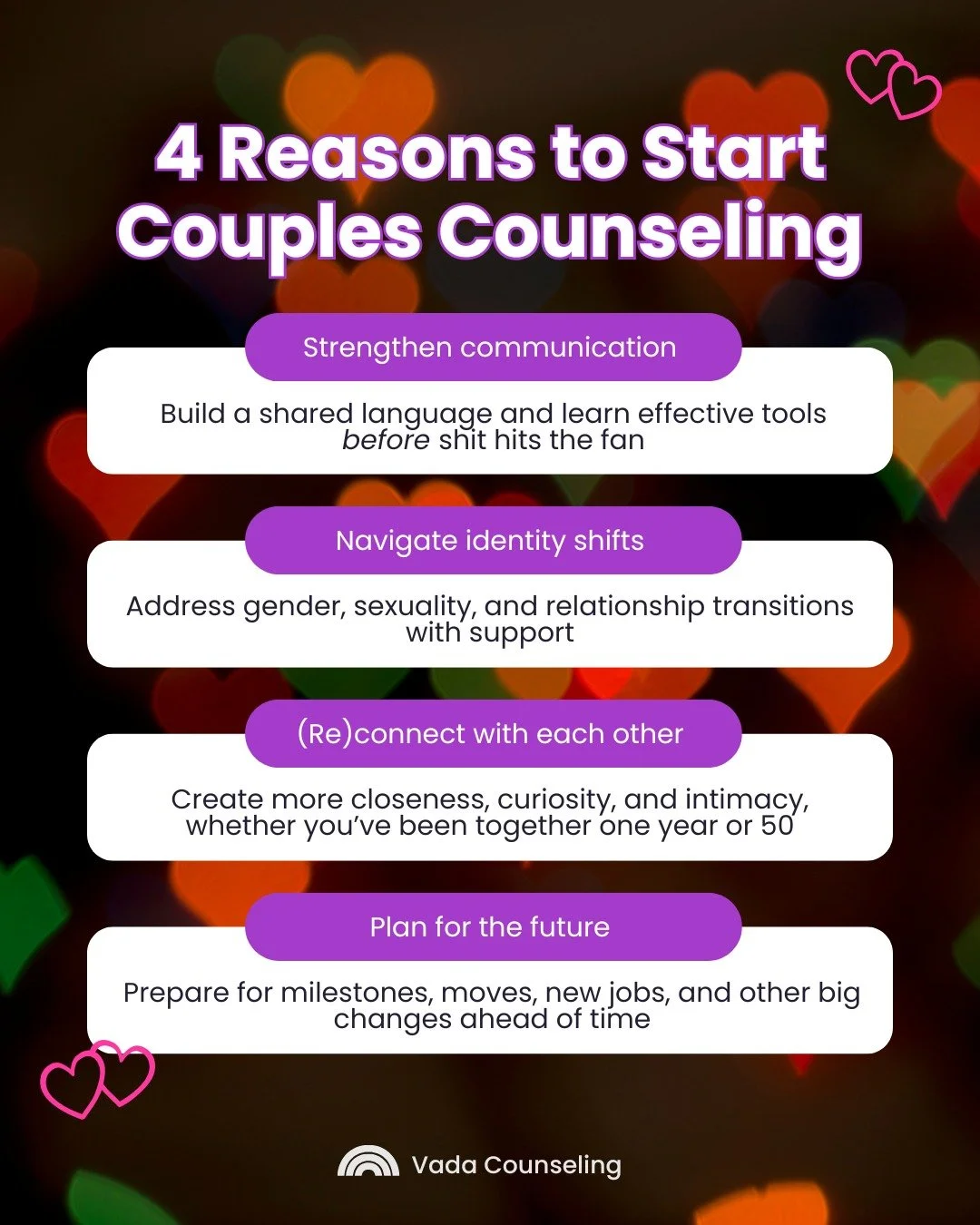 Thinking about couples counseling? It's not just for for working through a crisis, it&rsquo;s a space to:

👉 Communicate better
👉 Navigate identity shifts together
👉 Reconnect and deepen intimacy
👉 Plan for your future

Our queer couples therapis