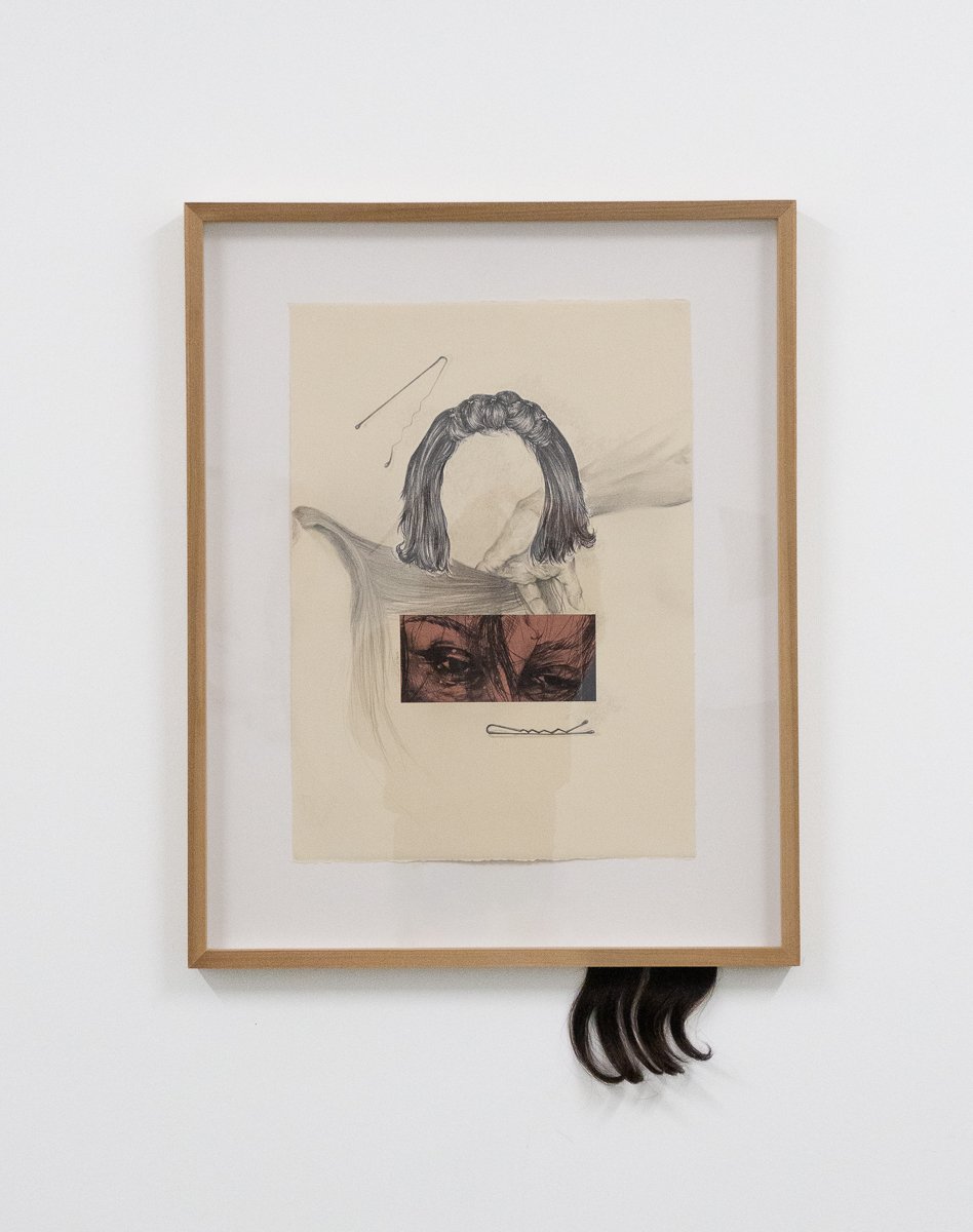 Peinado/ Hairdo, 2023,
Collage, lithography, graphite drawing, wood, human hair, Approx. 40 inches x 26 inches x 2 inches.
