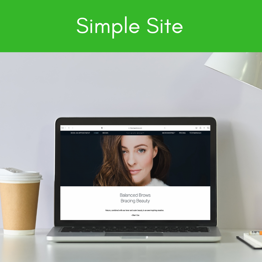 Laptop on a white desk displaying a website about eyebrow beauty, with a cup of coffee on the left and a lamp on the right, with a green banner at the top saying 'Simple Site'.