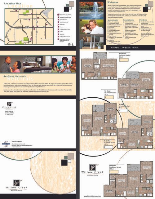 8-PAGE DROP-FOLD MAILER/BROCHURE FOR APARTMENT COMPLEX -
Using a previously designed template for identity purposes, the client asked for major changes from the design template. Elements were added to address the new identity. A location map was trac