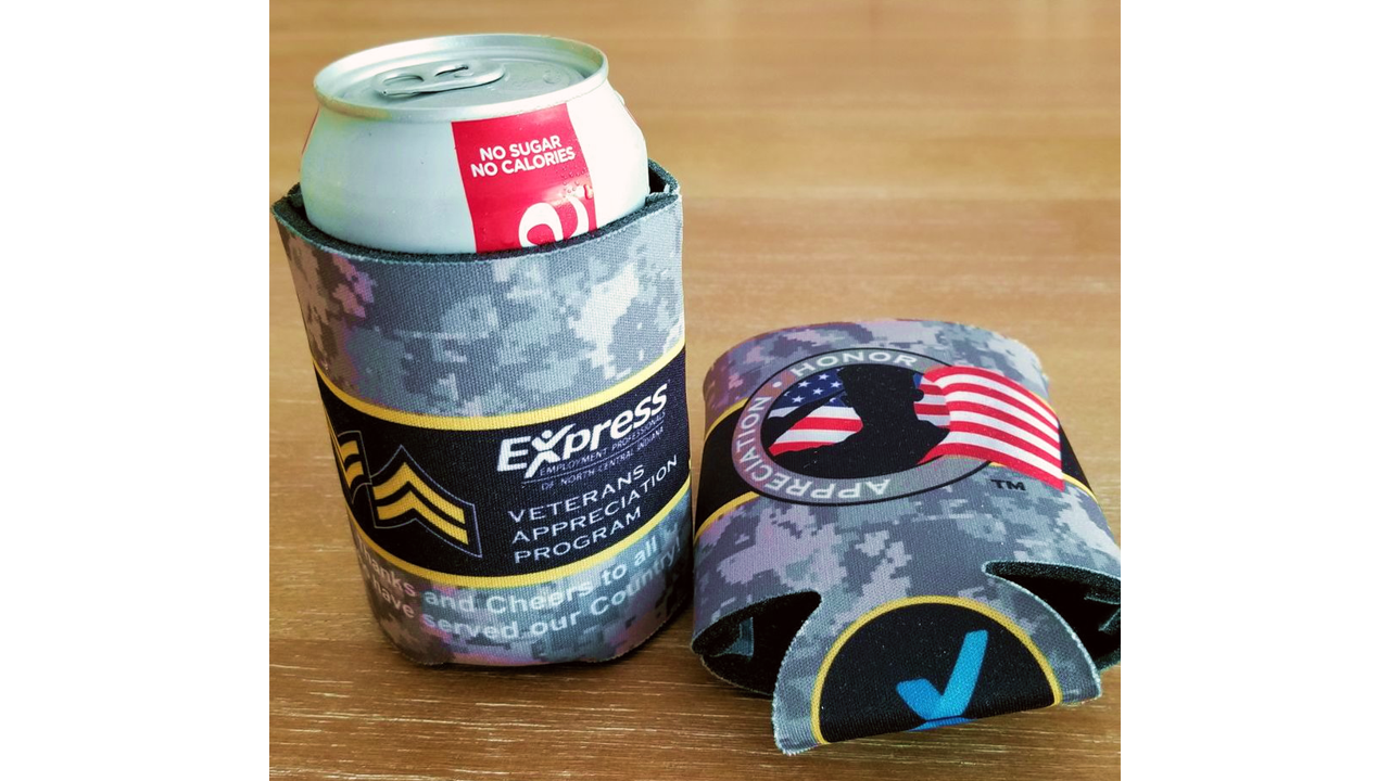 Wrap-around Printed Koozie -
I designed a dye-sublimation printed koozie with the program logo and “honor seal” with company logo graphic on the bottom so they stand out from the typical beverage holder. These were always a favorite at veterans and m
