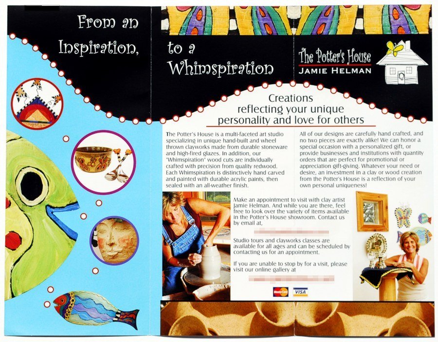 POTTER'S HOUSE TRIFOLD COVER -
A trifold brochure for a master potter whose folk art pottery has a whimsical look and feel. I wanted to capture this whimsical feeling in the piece.