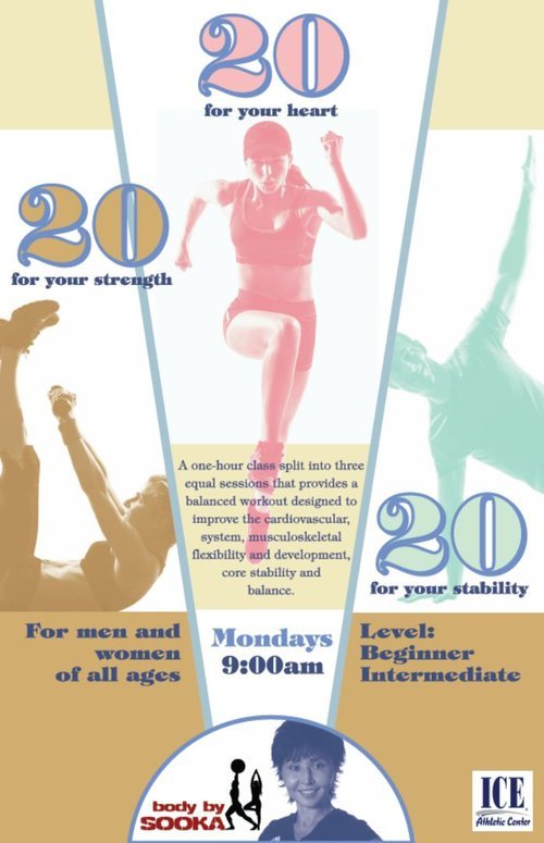 FITNESS PROMOTION POSTER -
The programs are one-hour sessions divided into 20 minute segments. Composed a three-way split to define the three segments. Designed the trainer's personal logo.