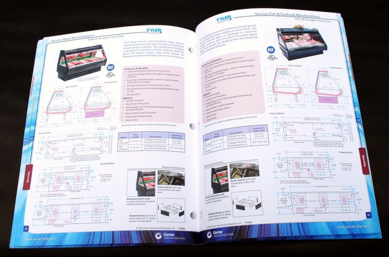 TYLER REFRIGERATION CATALOG - PRODUCT DETAIL SPREAD -
This spread shows single-page details of display merchandiser products. These include updated CAD drawings redrawn for marketing purposes. Each product page was given a document number and were i