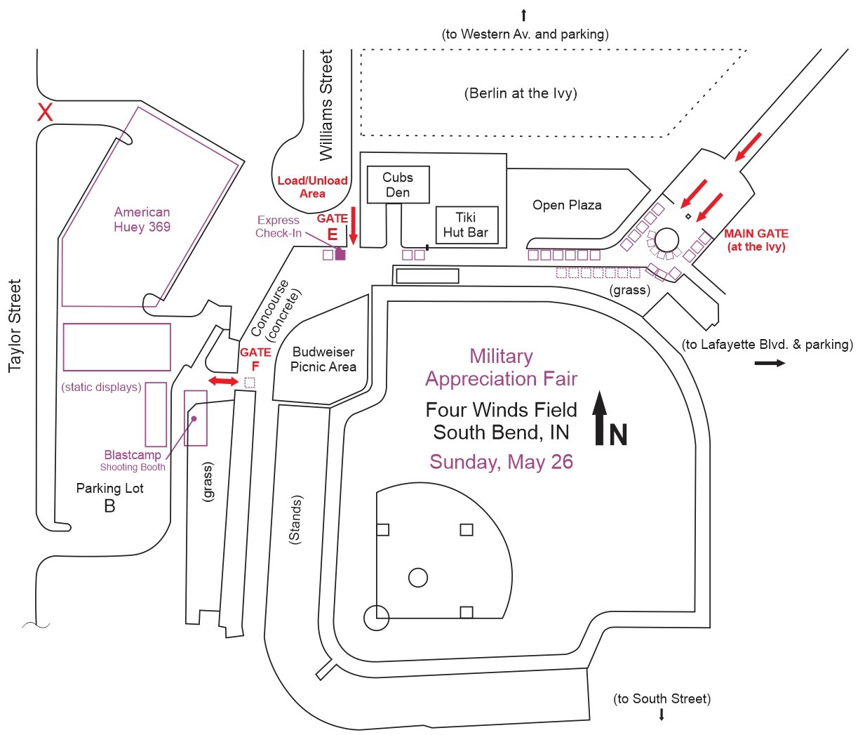 MILITARY APPRECIATION FAIR (MAF) - PRELIMINARY EVENT LAYOUT -
The 2nd annual MAF moved the event inside of the stadium grounds, with tables along the left-field corridor, and premium displays outside in the parking lot off the 3rd base line. The chan