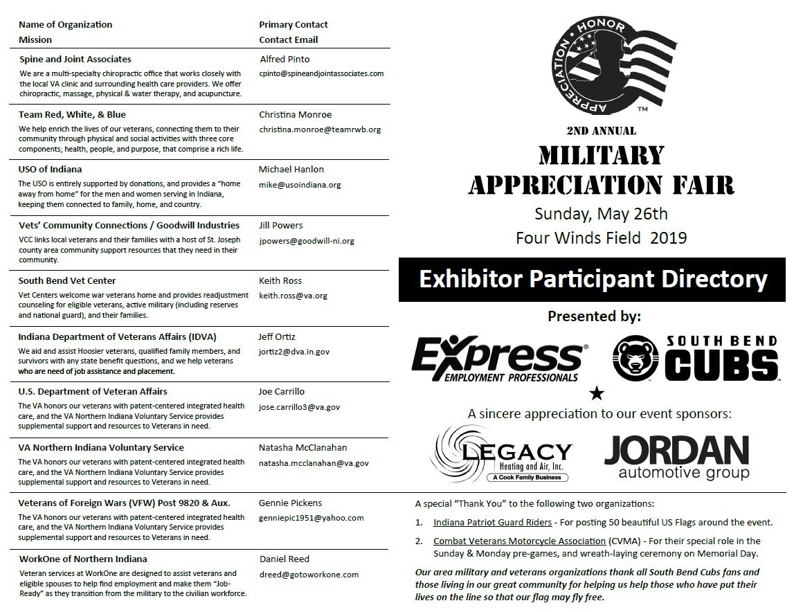 2019 MILITARY APPRECIATION FAIR, EXHIBITOR DIRECTORY -
This 4-page custom-designed handout (inside spread not shown) features 30 veteran and military service organizations that committed to participating in the 2nd annual Fair. All were vetted and in