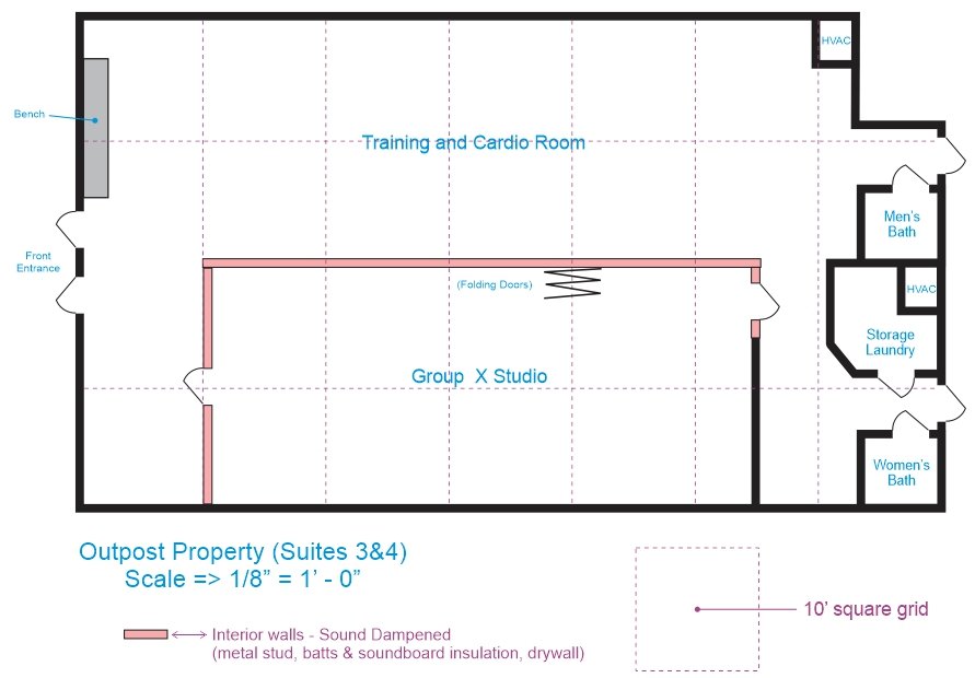 BUSINESS DEVELOPMENT, PURE CORE HEALTH & FITNESS, FLOORPLAN PROJECTION -
After leasing 2,800sf space for our studio level fitness club, we divided the business into two divisions - 1. Training Center for resistance training, and 2. Group Studio for c