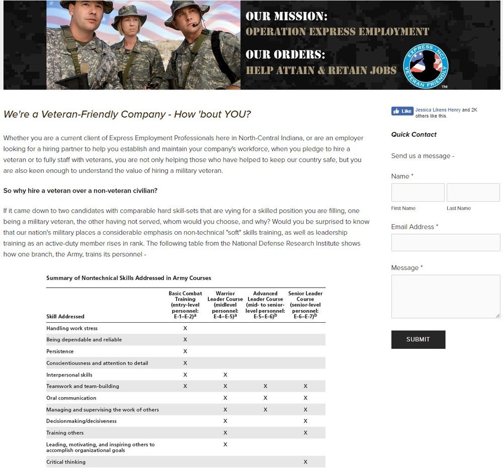 Veteran Hiring Microsite Landing Page -
This landing page was used in social media and email campaigns and provides prospective employers information about the advantages of hiring veterans.